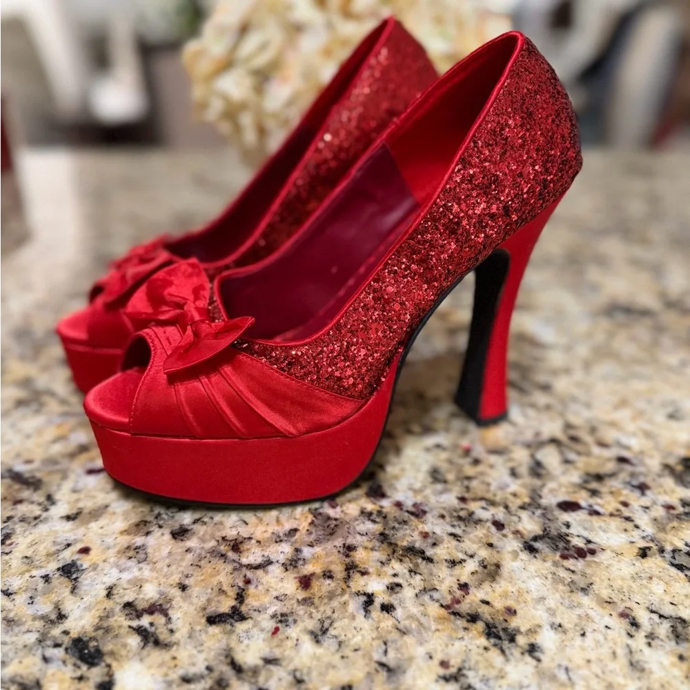 Bordello Pleaser Red Glitter Bow Platform Pumps Dorothy Wizard of Oz Size 8